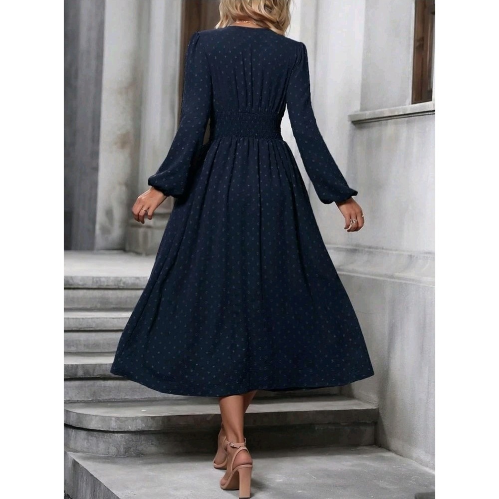 Xxl-Women's Spring Fall Midi Dress Casual Long Sleeve V Neck Swiss Dot Navy Blue - Picture 2 of 4